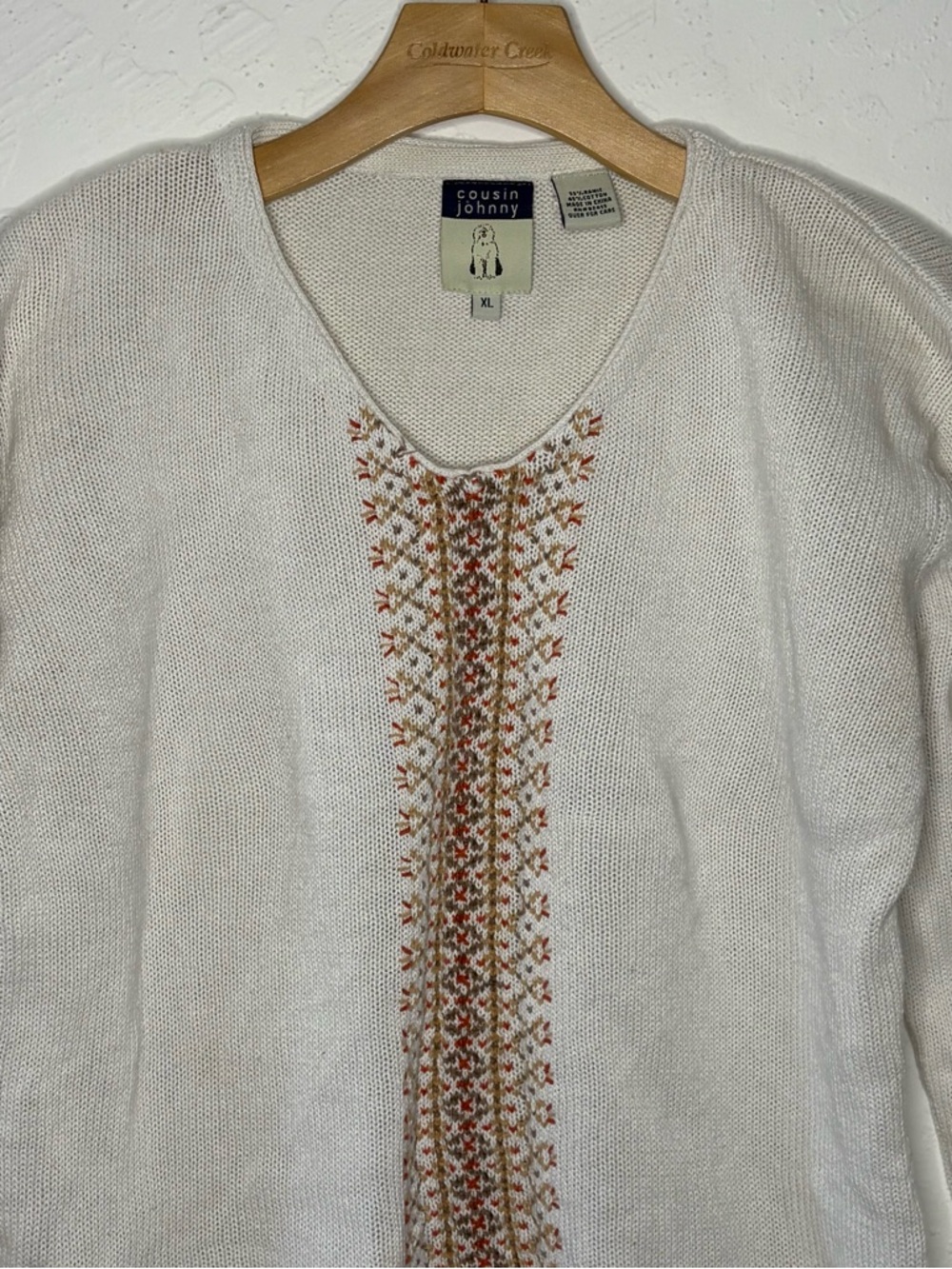 Cousin Johnny Womens XL V Neck Longsleeve Embroider‎ Sweater White Ramie Cotton